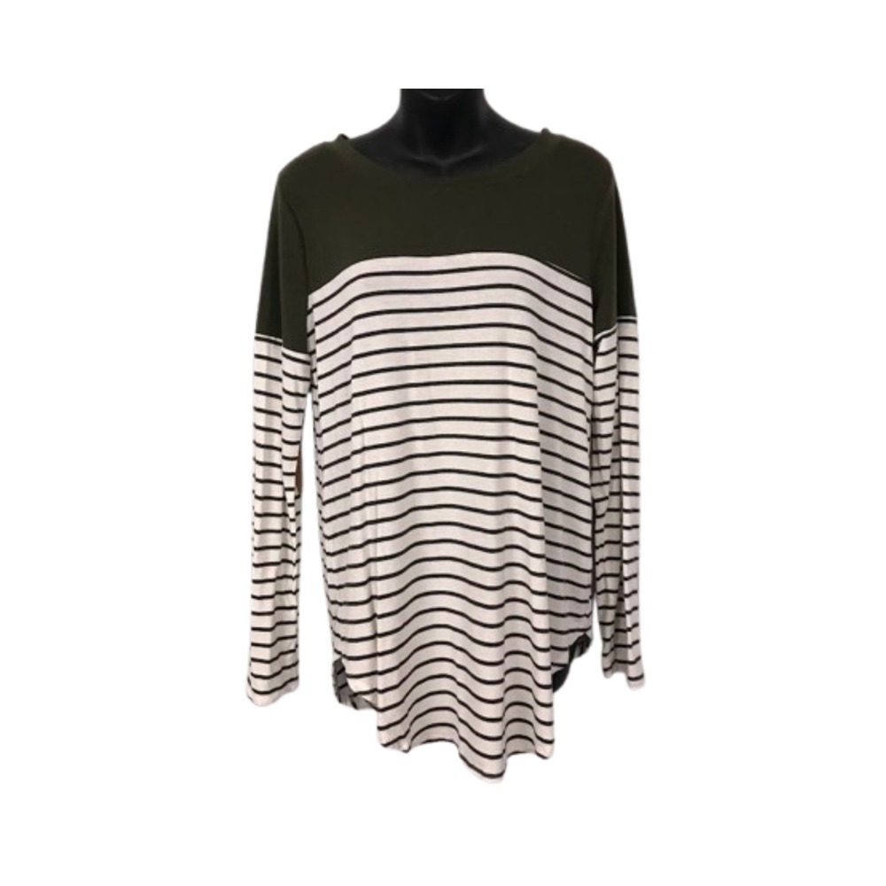 Womens Olive‎ Green Stripe Long Sleeve Top with Elbow Patches Size M